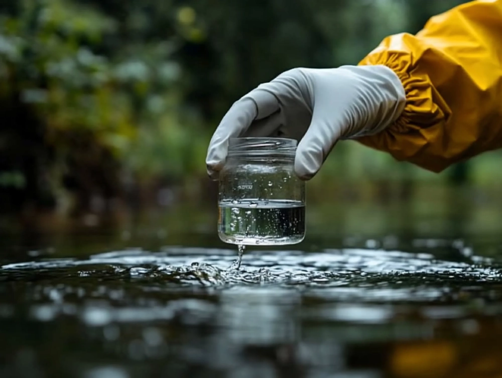 scientist collecting water sample from a stream for analysis slider