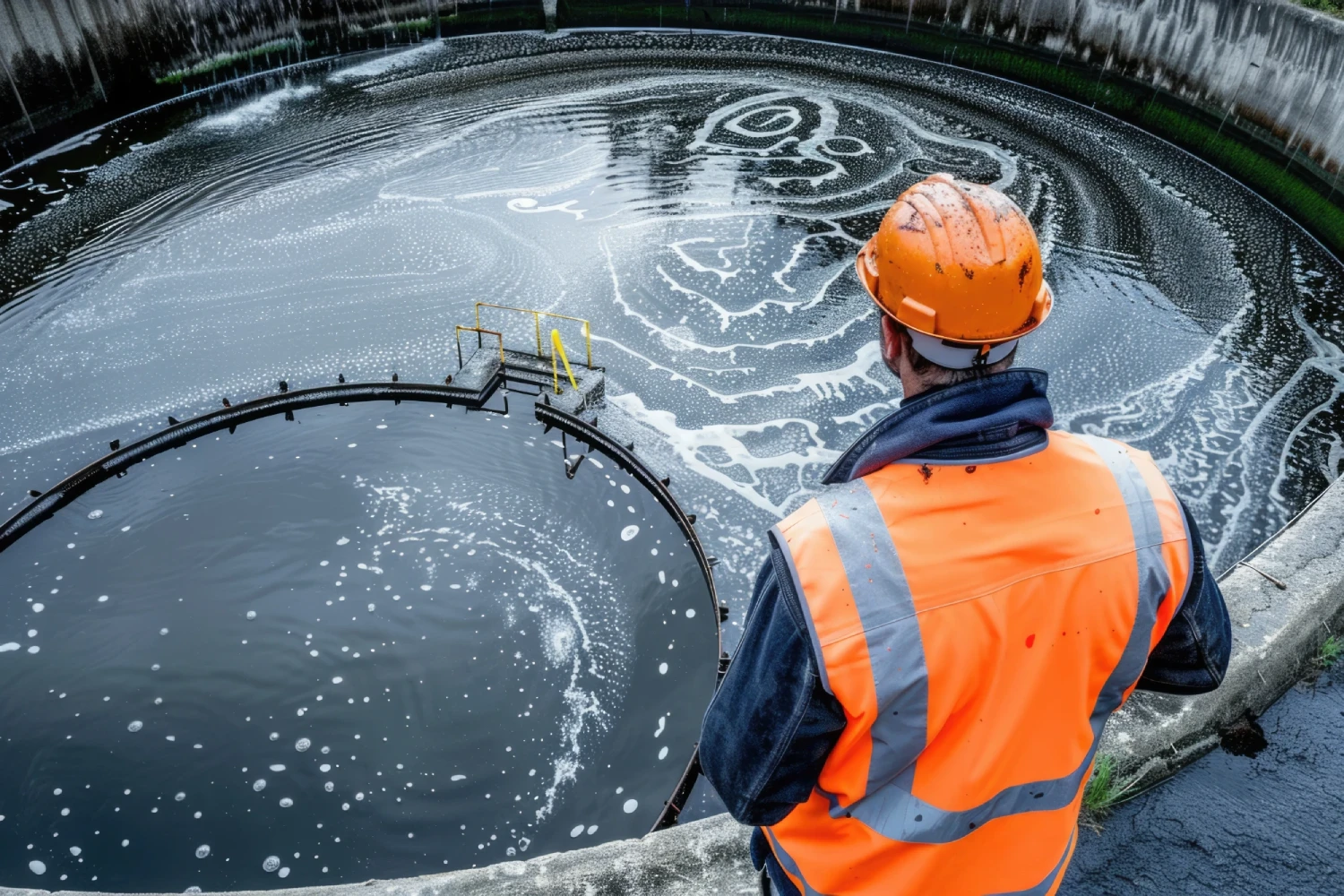 worker under checking wastewater treatment slider